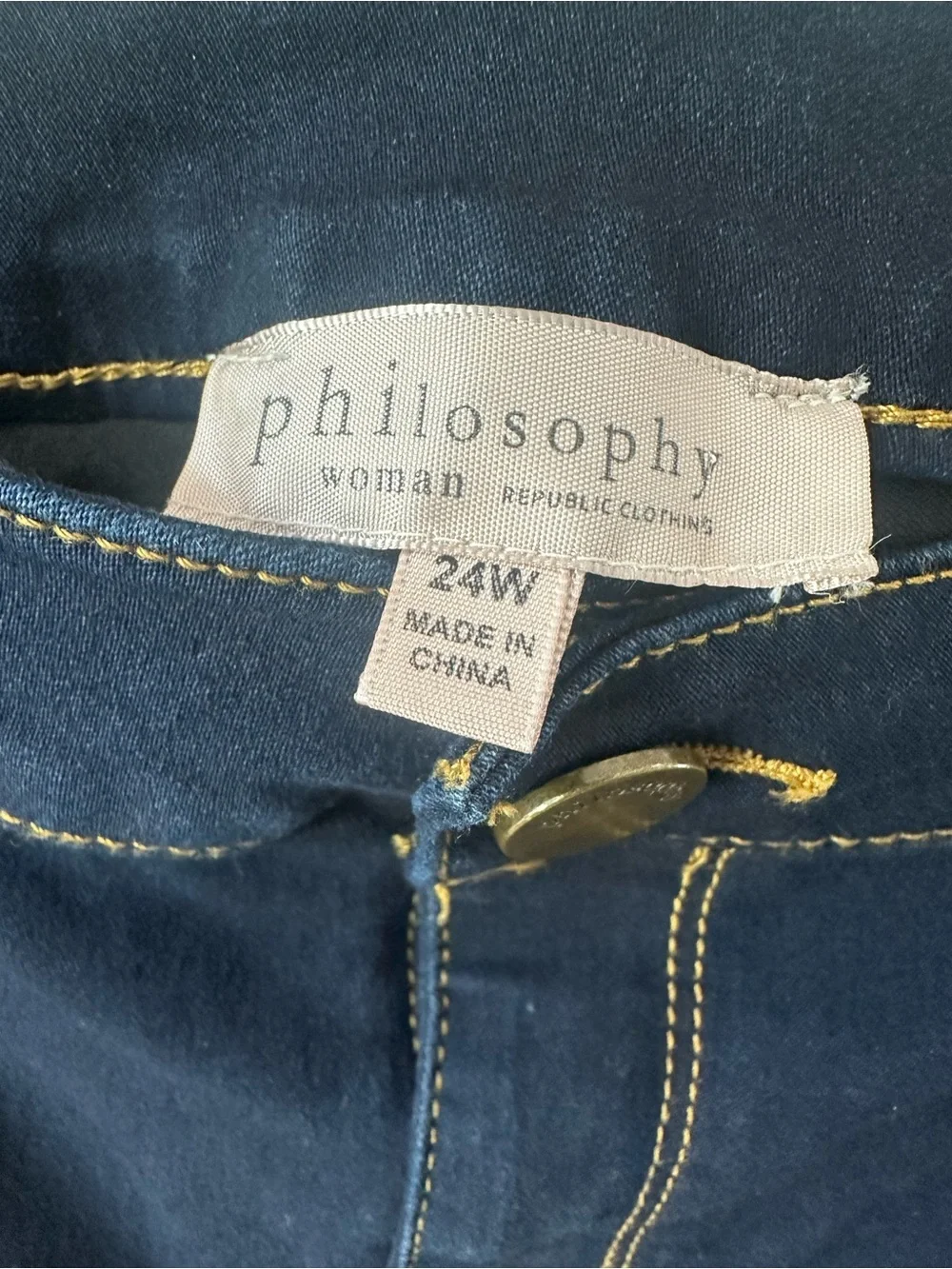 Philosophy Dark Indigo Jeans Yellow Stitching Stretch Size 24W
